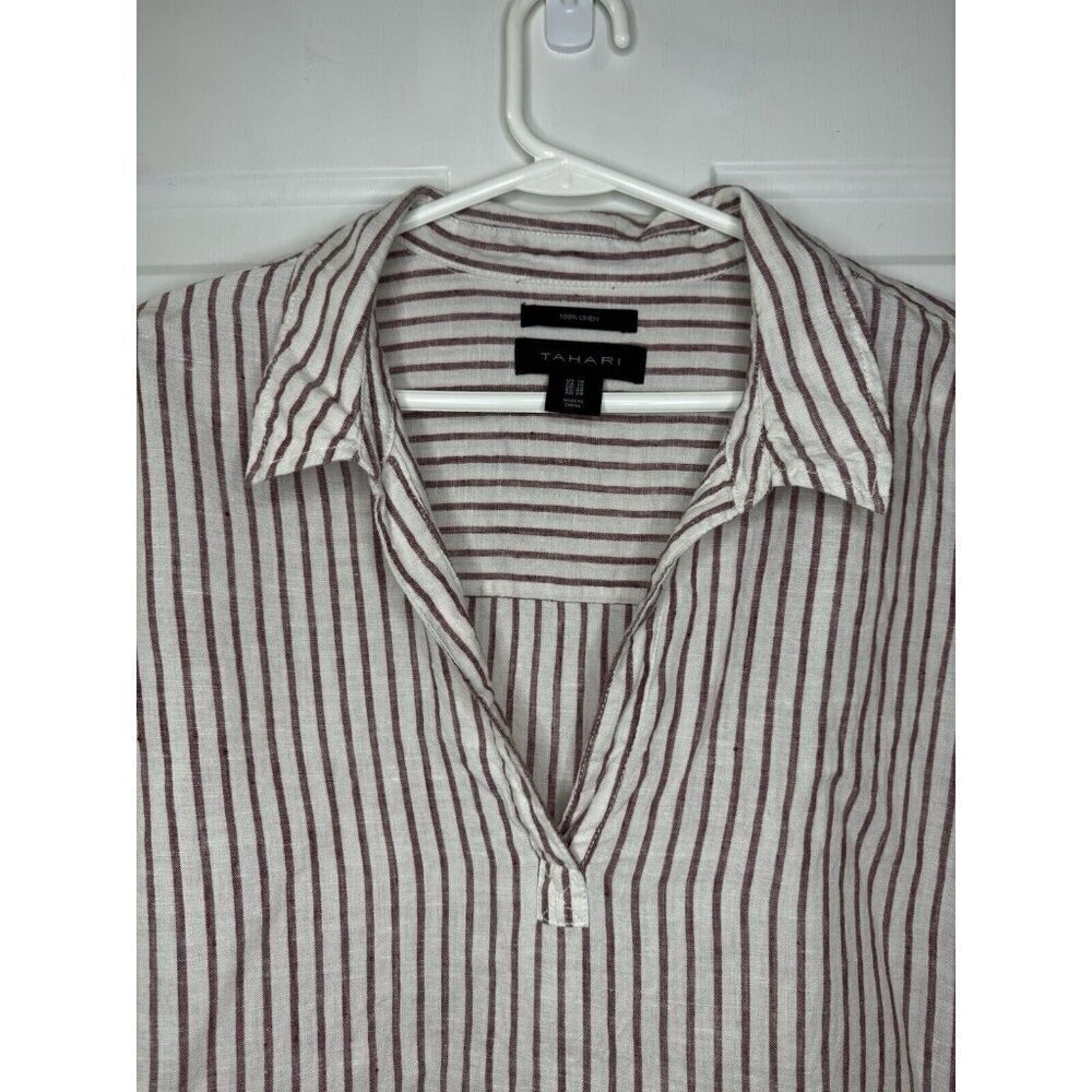 TAHARI Tunic Top Red Stripe Linen Lagenlook Popover Vneck Travel Vacation 1X - Picture 5 of 8
